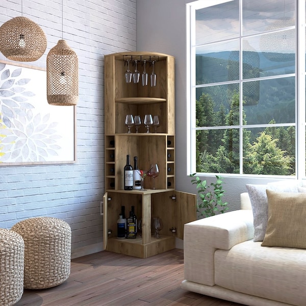 Tuhome Syrah Corner Bar Cabinet, Eight Bottle Cubbies, Double Door, Two Open Shelves, Macadamia BLM7787 - main